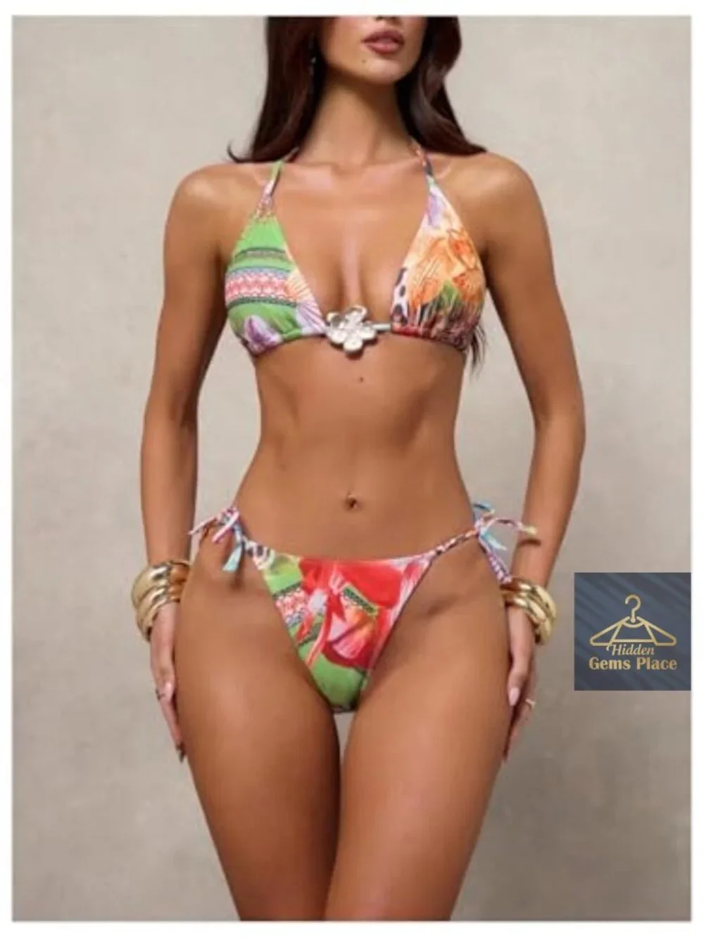 Sexy Boho 3 Piece Halter Bikini Set with Wrap Skirt, Cheeky Triangle Swimwear